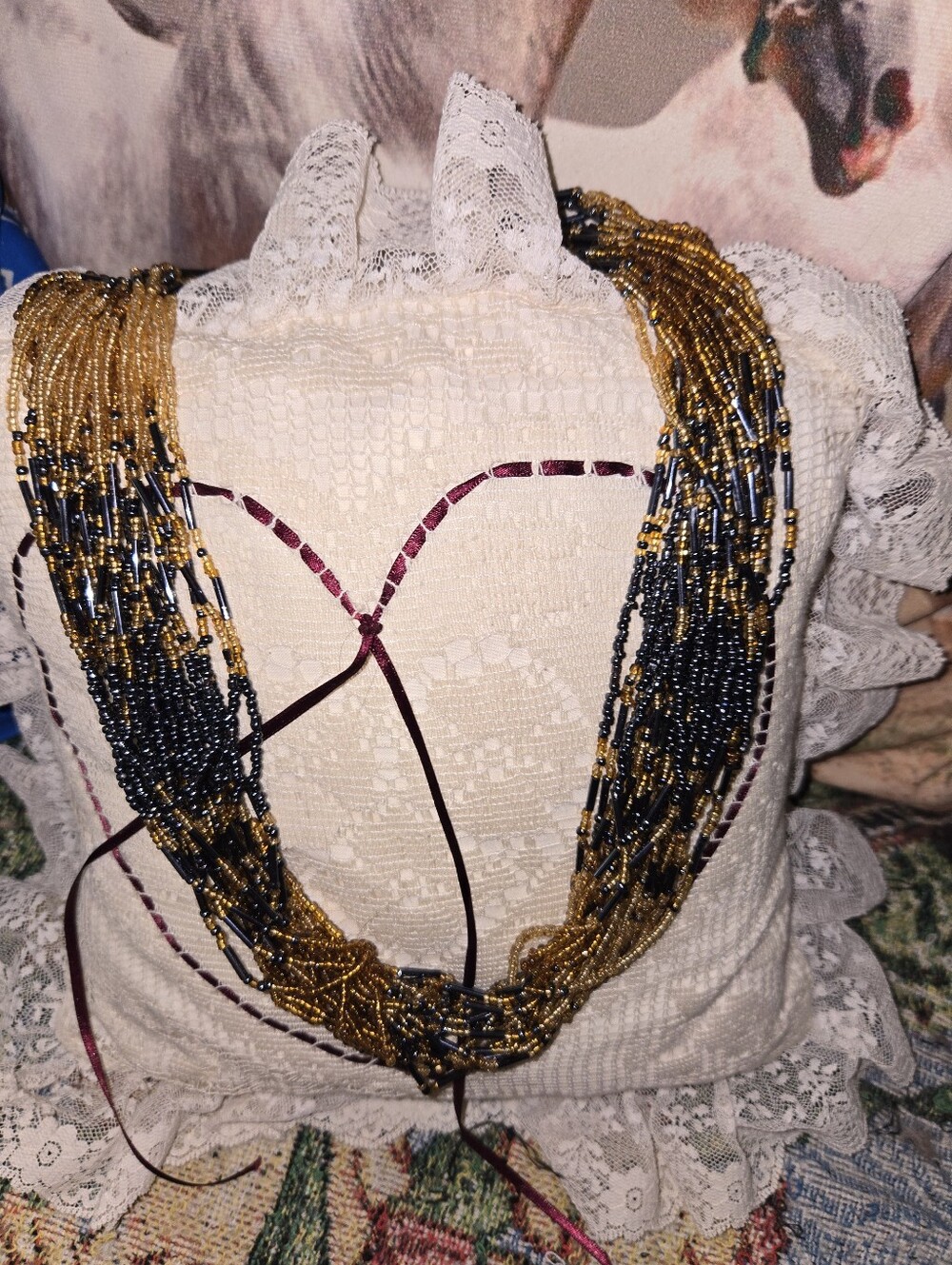 Handcrafted Multistrand  Bead Necklace in Black & Gold